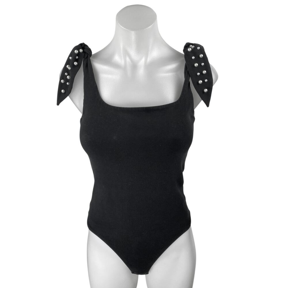 Express Black Sleeveless Beaded Tie Strap Cami Camisole Tank Bodysuit Top Sz XS